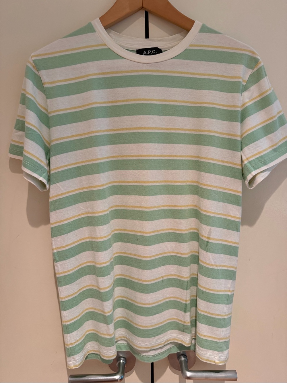 A.P.C. Green and White Striped Short Sleeve Tee